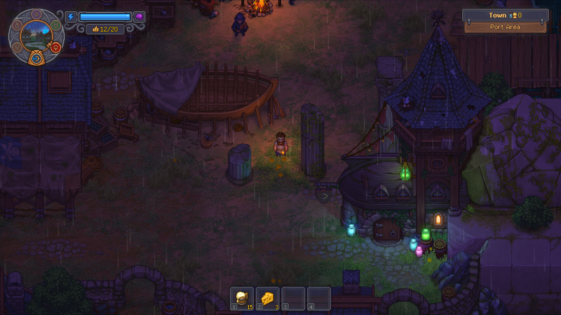 The Town port area at night in the rain in Graveyard Keeper 2, with a lit market stall