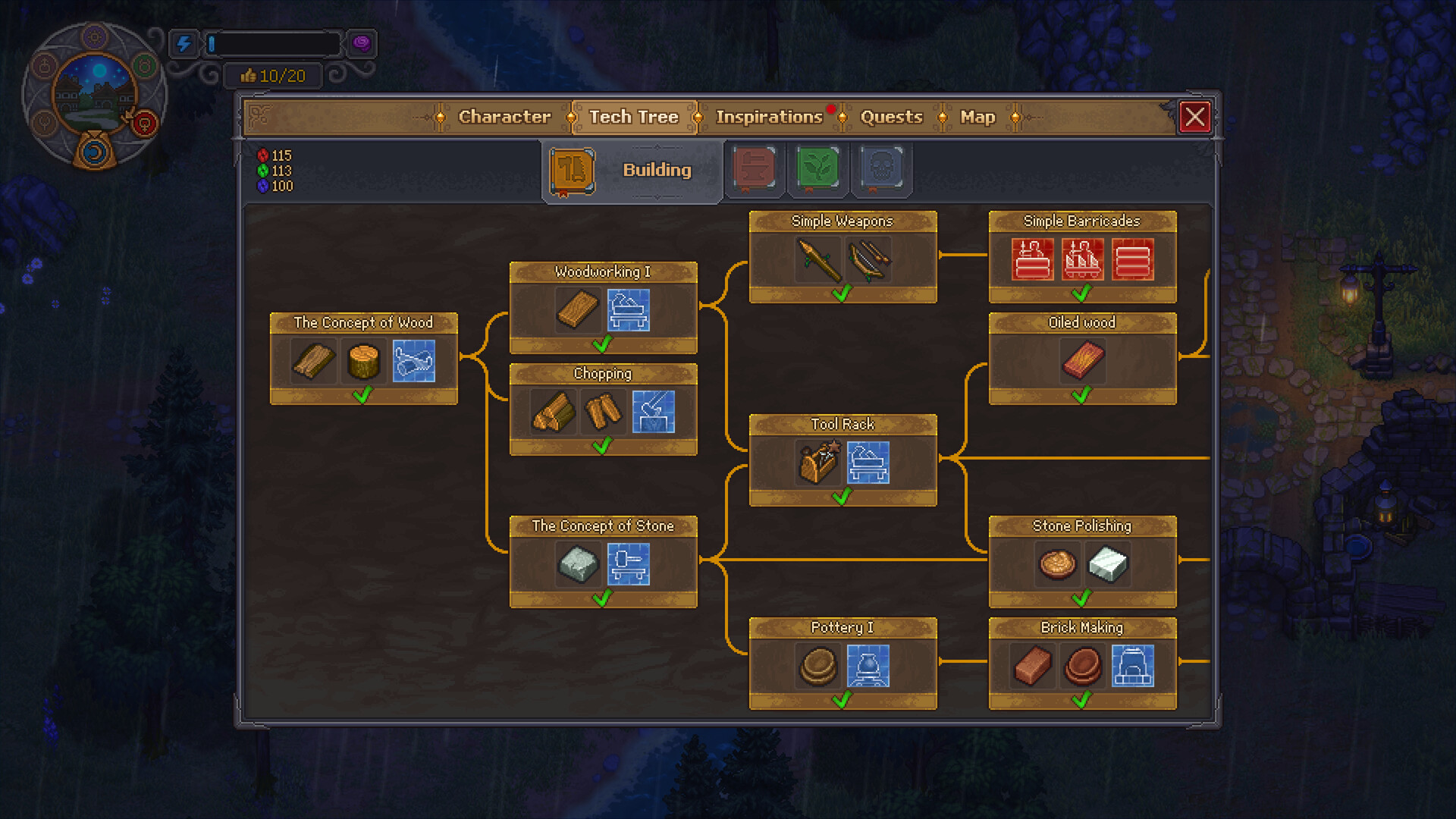 The Graveyard Keeper 2 tech tree open on the Building branch — Woodworking, Chopping, Pottery, Brick Making and more