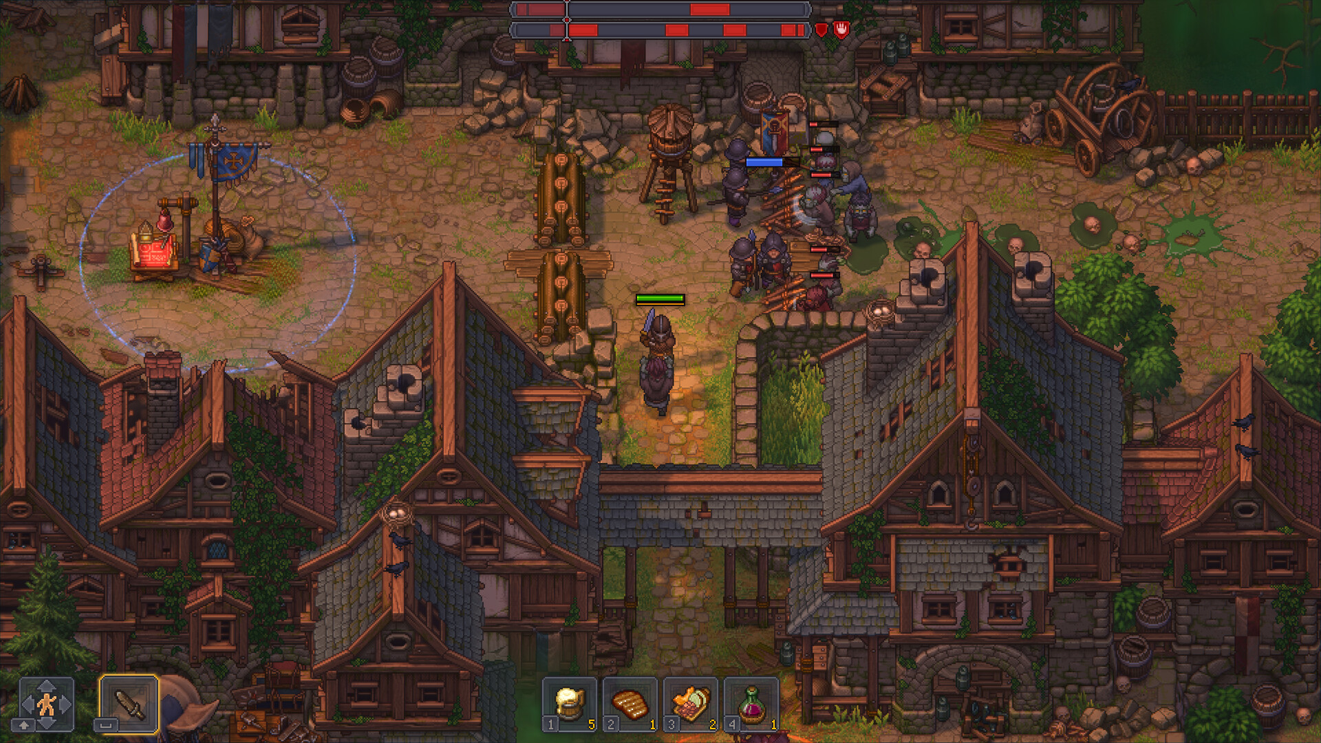 The town in Graveyard Keeper 2 — rebuilt houses and a crowd of villagers gathering on the bridge