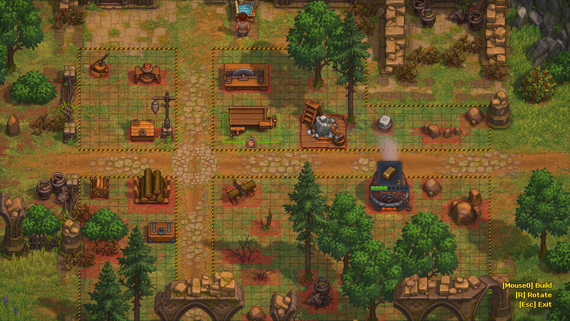 Building placement mode in Graveyard Keeper 2 — grid overlay with Build, Rotate and Exit controls