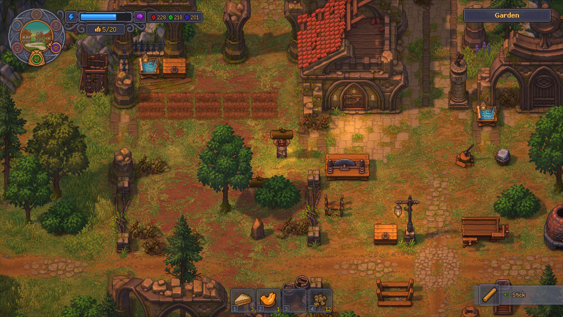 The graveyard in Graveyard Keeper 2 — graves, stone crypts and the church, with the Garden area to the north