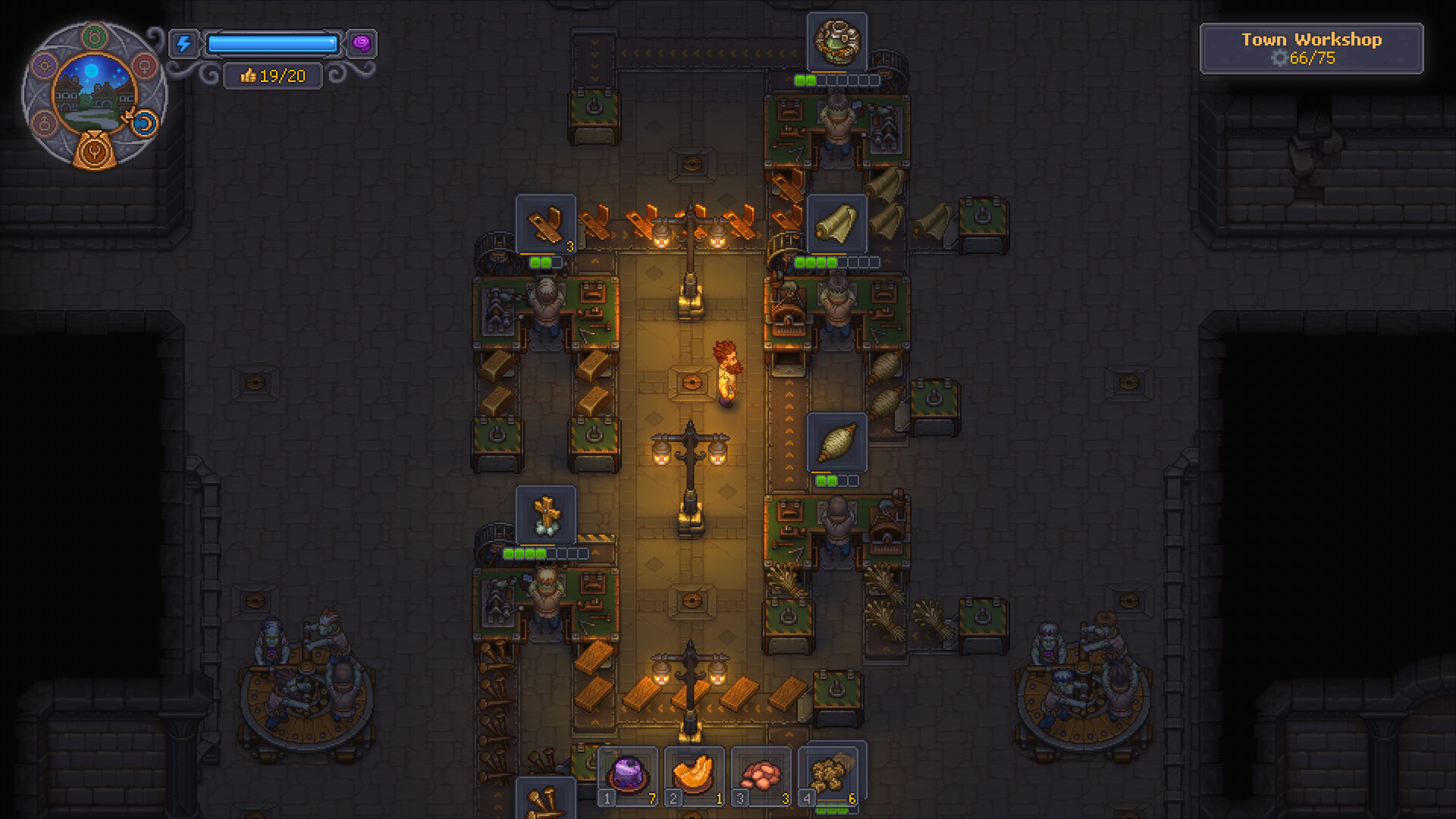Zombie workers at their stations inside the Town Workshop in Graveyard Keeper 2 — green health bars above each one