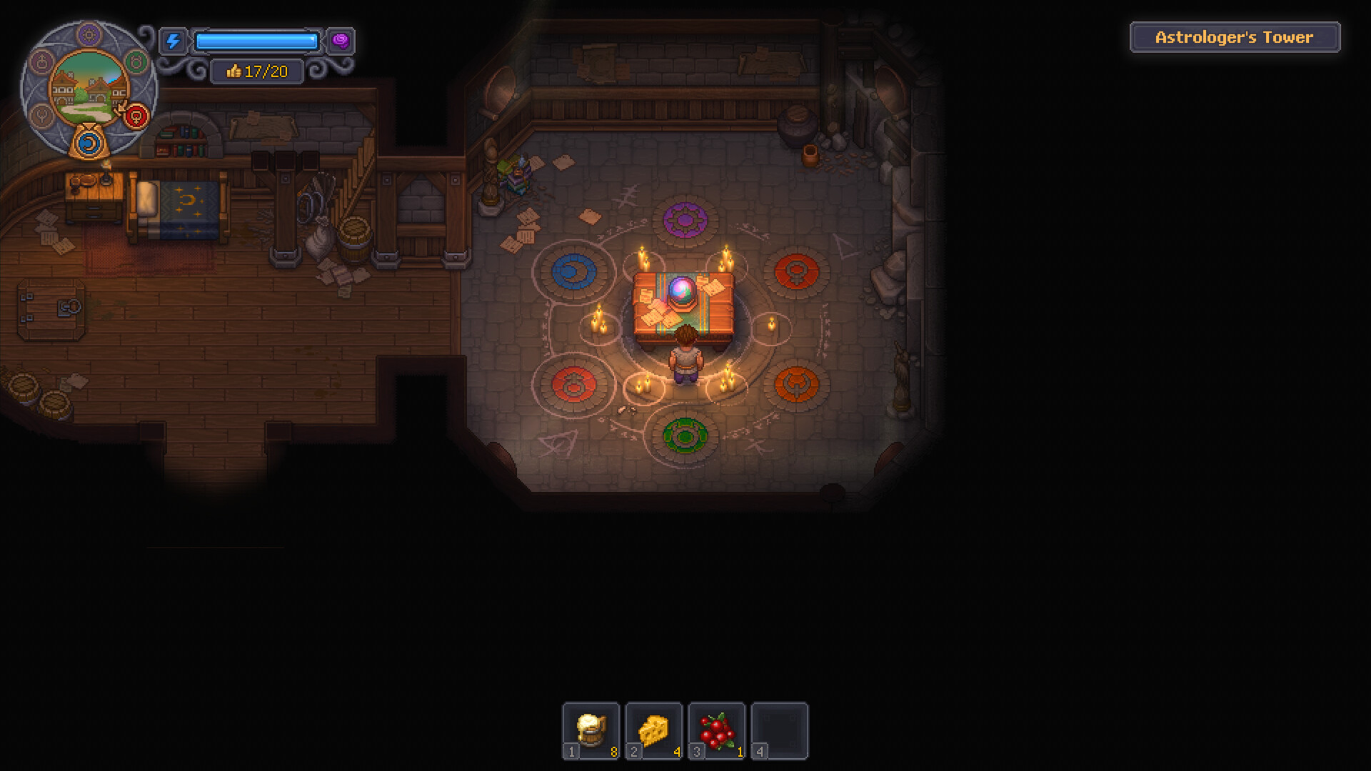 Inside the Astrologer's Tower in Graveyard Keeper 2 — a glowing magic circle and the astrologer at his desk
